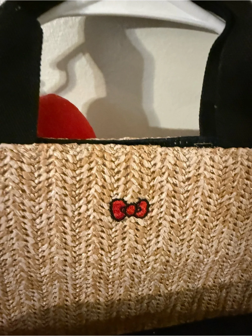 Hello Kitty Sanrio Woven Straw Tote Bag Red Bow Black Handles - Picture 8 of 12